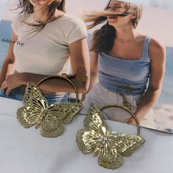 Gold dropped butterfly earrings - Picture 2 of 2